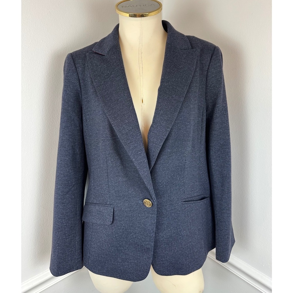 TALBOTS Petite Navy Blue Preppy Twill Knit Blazer Gold Logo Crest Buttons 10P